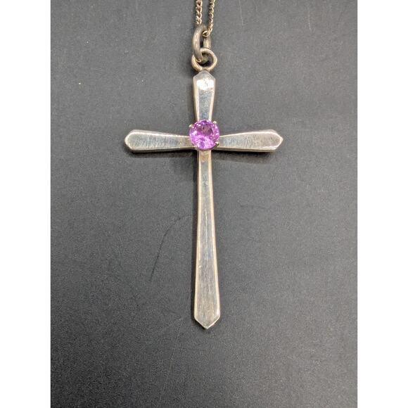 SL Sterling Jewelry - Sterling Silver Cross Brooch with Purple Stone Accent